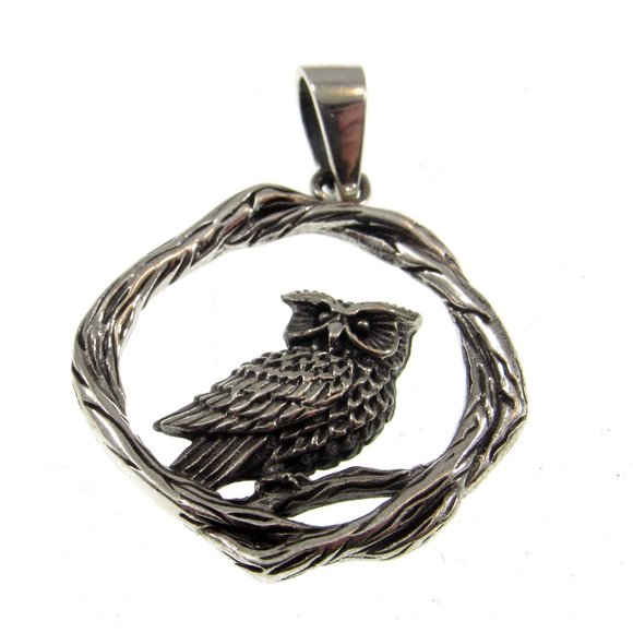 Solid 925 Sterling Silver Owl on Twisted Branches Pendant - Pagan/Wiccan Jewelry - Picture 3 of 7
